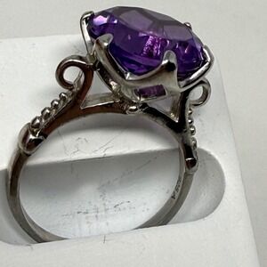 925 Sterling Silver Purple Amethyst Glass Cocktail Ring Size 7 Vintage Style